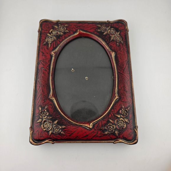 Vintage Red Picture Frame with Gold Rose Floral Accent Oval Photo Display - Picture 1 of 9